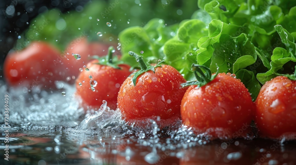 Poster a close up of tomatoes and lettuce on a table with water splashing on the top of the tomatoes and le