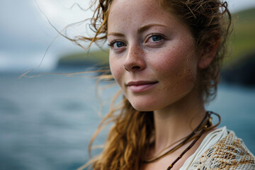 Portrait of a beautiful young woman on a background of mountains.