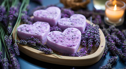 Obraz na płótnie Canvas a heart shaped soaps on a wooden plate with lavender flowers