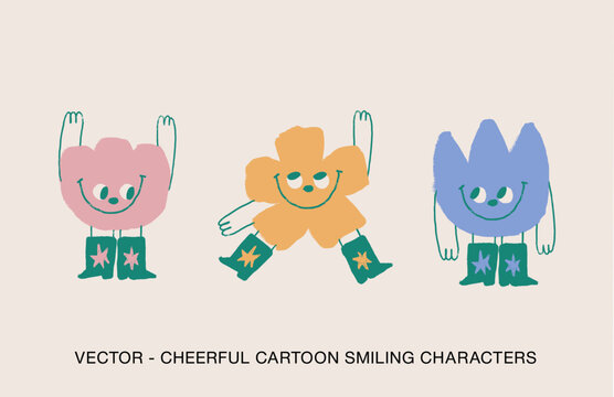 CHEERFUL CARTOON SMILING CHARACTERS AND MASCOTS