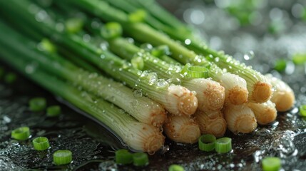  a close up of a bunch of asparagus on a table with water droplets on the stems and green onions sprouts on the side of the table. - obrazy, fototapety, plakaty