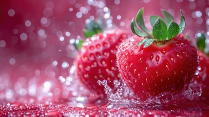  a close up of three strawberries on a table with water droplets on the surface and a green leaf sticking out of the top of the top of the straw.