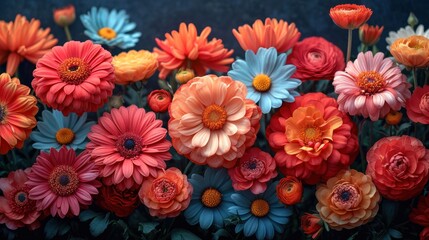  a close up of a bunch of flowers with orange, pink, blue, and yellow flowers in the middle of the picture and on the bottom of the picture.