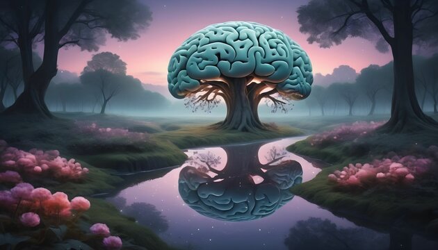 surreal depiction of a brain-shaped forest at twilight, where luminous thought-bubbles bloom like exotic flowers tranquil river of mindfulness flows created with generative ai