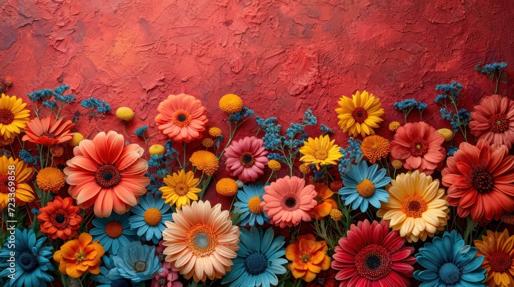 Poster a bunch of flowers that are in front of a red wall that has a red wall behind it and a red wall behi