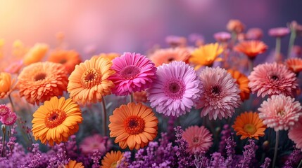  a bunch of flowers that are sitting in the middle of a field of purple, orange, and yellow flowers in the middle of a field of purple and orange flowers.