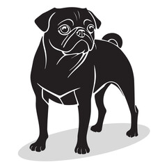 Pug silhouettes and icons. Black flat color simple elegant white background Pug animal vector and illustration.