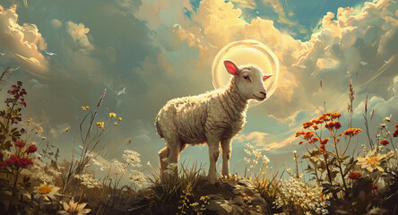Illustration: Lamb with Halo, a Concept of Easter Reverence - obrazy, fototapety, plakaty