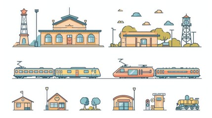 Set of train station Icons. Simple line art style icons pack. Vector illustration