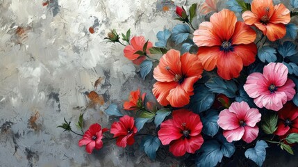  a painting of red, pink and blue flowers on a gray and white textured background with green leaves and red and blue flowers on the left side of the painting.