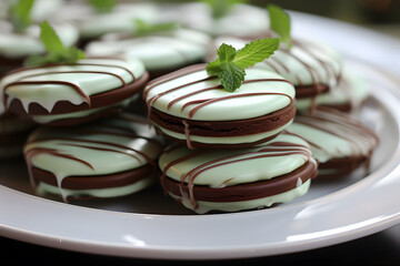 a plate of cookies with mint leaves