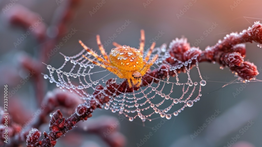 Poster a close up of a spider's web on a branch with drops of water on the spider's web, in front of a blur