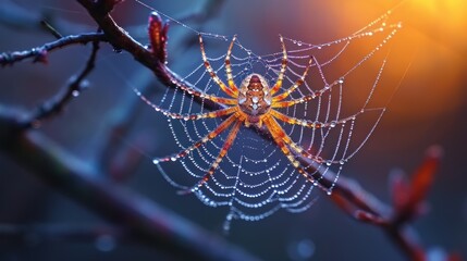  a close up of a spider's web on a tree branch with drops of water on the spider's web in the center of the spider's web.