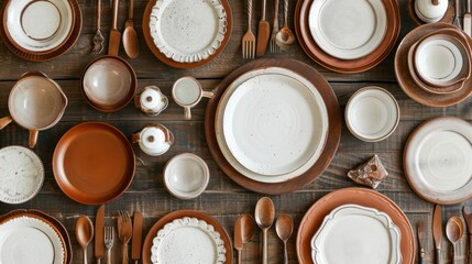  a wooden table topped with lots of white and brown plates and utensils and a brown and white dinnerware set on top of a wooden table next to each other plates and utensils.