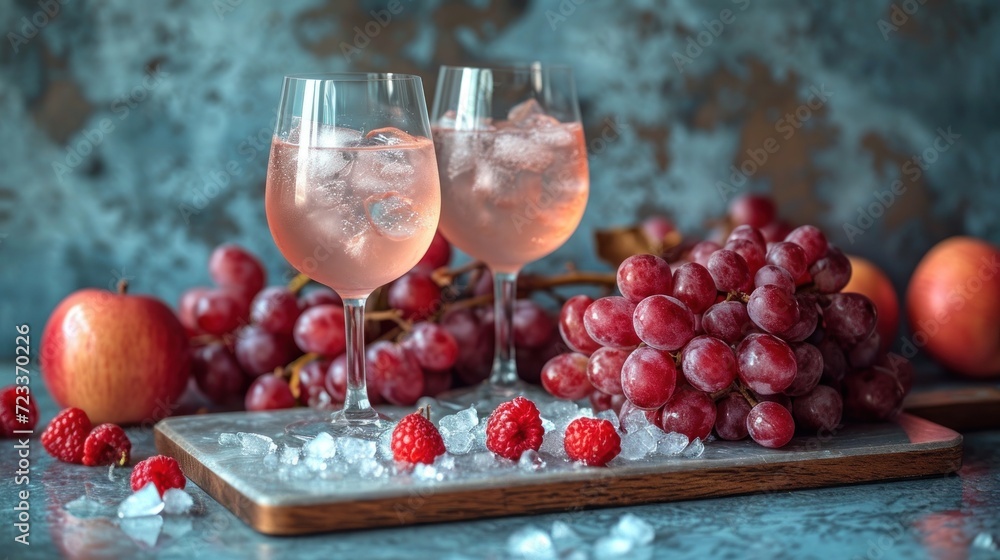 Poster two glasses of wine with ice and raspberries on a tray next to a bunch of grapes and an apple on a t