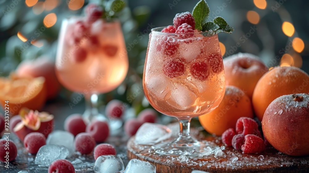 Poster two glasses filled with ice and raspberries next to a pile of oranges and raspberries on a table wit