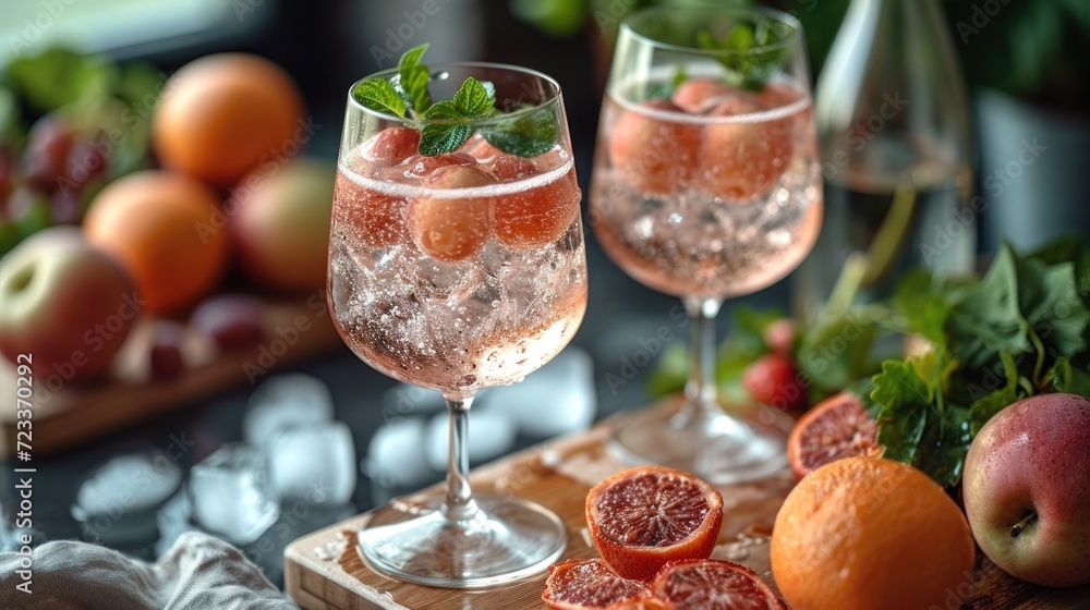 Aufkleber a close up of two glasses of wine on a table with fruits and vegetables in the background and a cutt