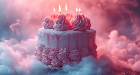 Sweet celebration in a cloud of sugary goodness, as flickering flames illuminate the buttercream icing on a perfectly baked birthday cake adorned with pink frosting and candles - obrazy, fototapety, plakaty