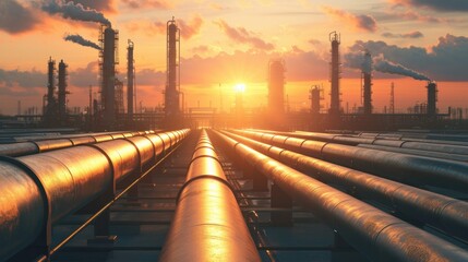 steel long pipes in crude oil factory during sunset