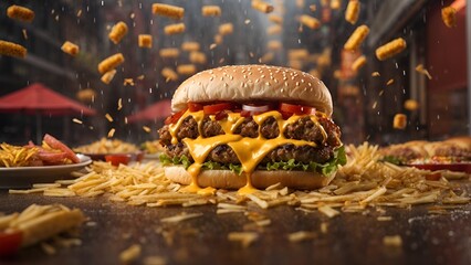 A burger amidst a fast-food downpour, its savory allure untouched by the rain. A flavorful oasis in the storm of quick bites, a delectable escape.