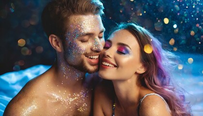casal apaixonado na cama com glitter colorido, conceito festa carnaval
