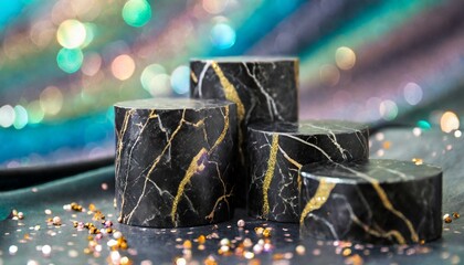 bases de m&aacute;rmore preto e de ouro circulares para produto em fundo colorido, glitter