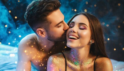 casal apaixonado na cama com glitter, conceito festa carnaval
