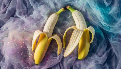bananas sobre tecido e fumaça colorida, conceito sexual, prazer, orgulho - obrazy, fototapety, plakaty