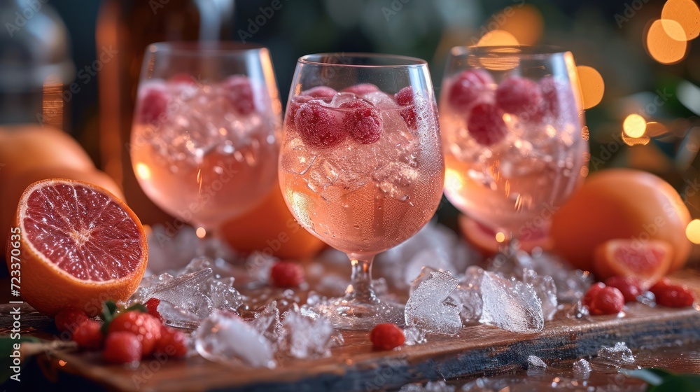Poster a close up of three wine glasses with ice and raspberries on a table next to some oranges and a bott