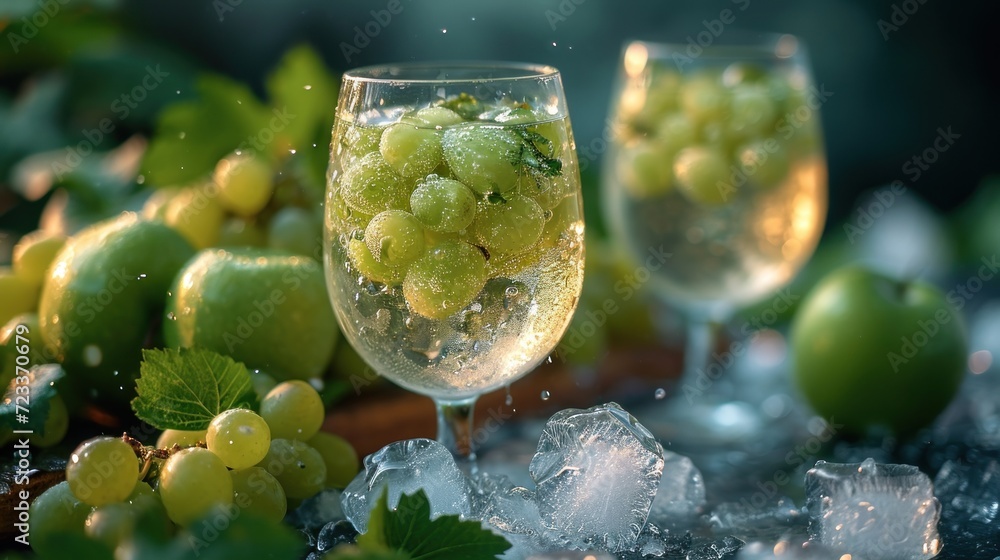 Poster a close up of a glass of wine with grapes on a table next to ice cubes and a bunch of grapes on a ta