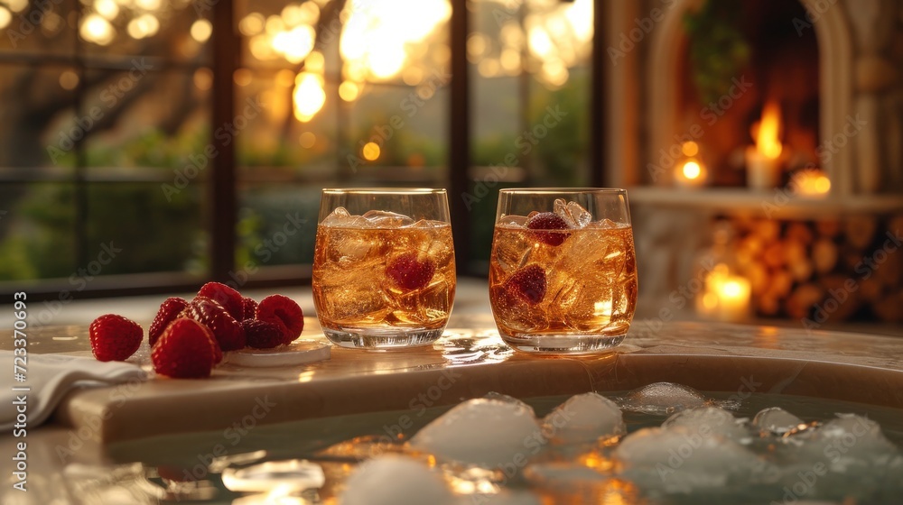 Poster  two glasses filled with ice and raspberries sit on a table next to a hot tub with a lit fireplace in the background and a lit window in the background.
