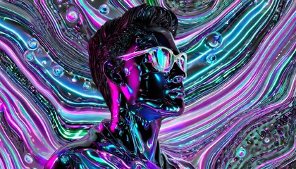 silhueta homem futurista em fundo textura líquido holográfico neon - obrazy, fototapety, plakaty