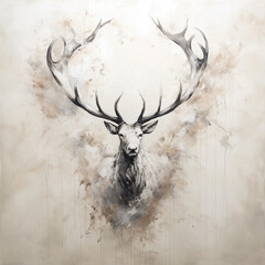 create an abstract painting of the most beautiful stag elk with large antlers emerging from fog on a textured white background
