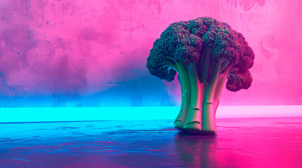 Broccoli highlighted on a background with neon light in pink and blue tones with space for text.