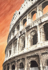 Ilustración en acuarela de El Coliseo de Roma. Detalle realista. Pintura artística