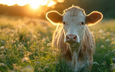 A majestic dairy cow stands gracefully amidst a sea of lush green grass, basking in the warm sun while surrounded by vibrant yellow flowers in a serene outdoor pasture