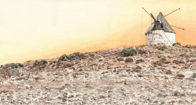 Paisaje des&eacute;rtico con molino. Luz atardecer. Cabo de Gata de Almer&iacute;a