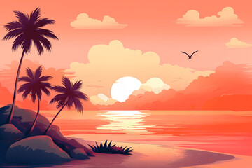 Fototapeta na wymiar Orange gradient sandy beach at sunset with palm trees, fluffy clouds, ocean; cartoon romantic tropical nature landscape background 