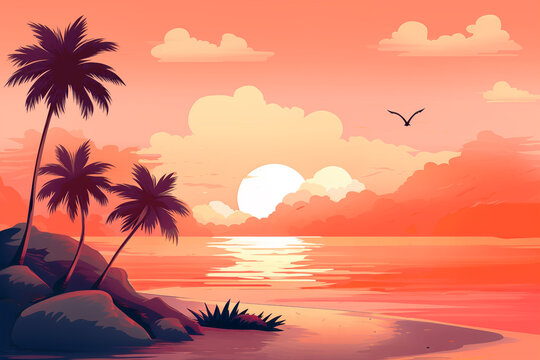 Orange gradient sandy beach at sunset with palm trees,  fluffy clouds, ocean; cartoon romantic tropical nature landscape background 