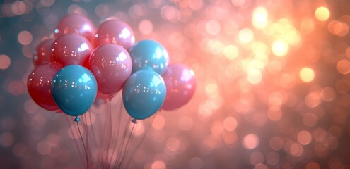 Colorful party supplies light up the room as pink and blue balloons float in celebration, adding a touch of joy and whimsy to the atmosphere