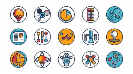 Vector round set of educational linear icons. STEM education: science, technology, engineering, mathematics. Icons for website design, application, logo, user interface