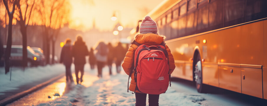 Child Waiting To Board The Bus To Get To School.