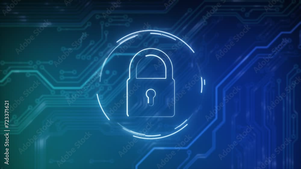 Poster security hologram virtual hud pin with shield and lock. concept of finance data privacy and smartpho