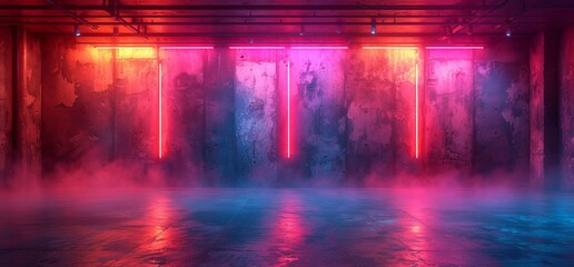 Fototapeta premium A vibrant art exhibit at night, where the contrasting red and blue lights dance upon magenta walls, creating a mesmerizing atmosphere