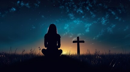 person prayer at nature, faith and christianity concept, cross at night sky - obrazy, fototapety, plakaty