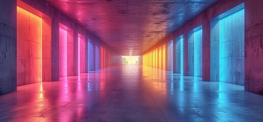 A mesmerizing display of vibrant lights dances across the ceiling and floor, transforming the long hallway into an indoor gallery of artistic wonder on a dark and enchanting night