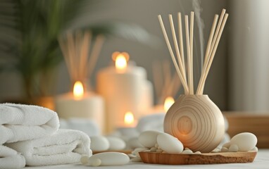 Fototapeta na wymiar Aromatic reed air freshener sticks on table in spa salon