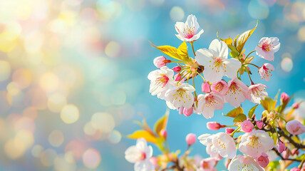 Branch of blossoming sakura against blue sky