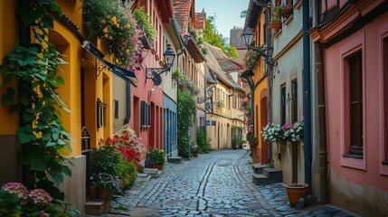 Charming European Street with Colorful Buildings and Cobblestone Pathway