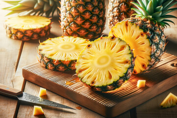 Fresh bio pineapple cut in slices on a wooden board 